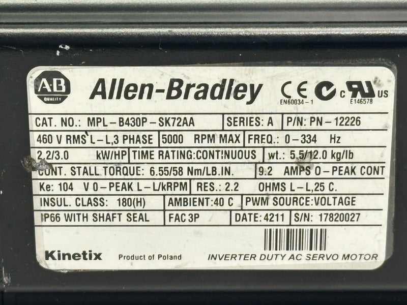 Allen Bradley MPL-B430P-SK72AA Ser A Kinetix Servo Motor 5000rpm 2.2kW 12226 - Maverick Industrial Sales