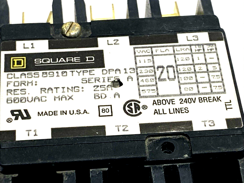 Square D 8910 Contactor 8910 DPA13 Ser. A 3P 20A 9998DA1V09 Coil - Maverick Industrial Sales