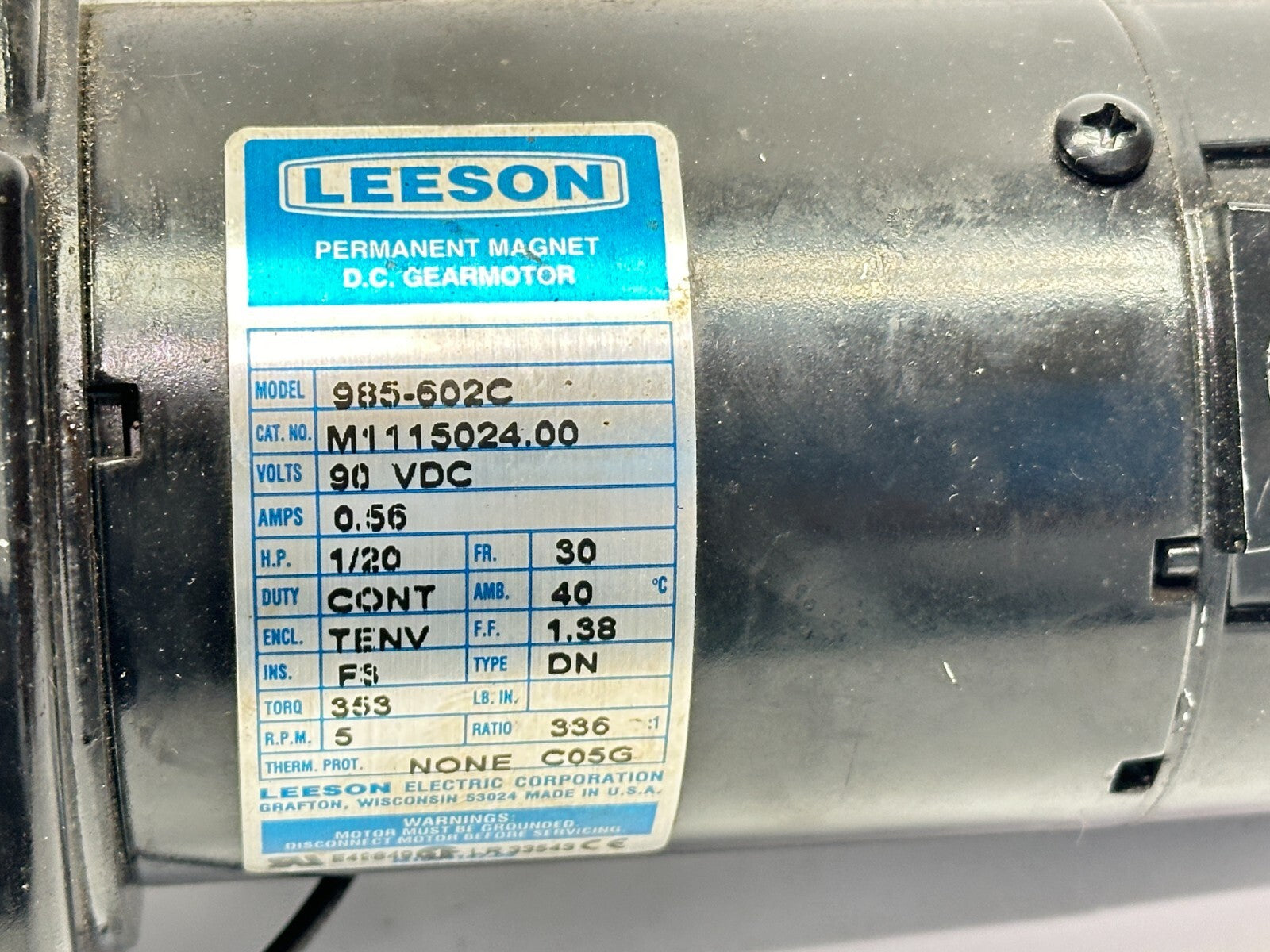 Leeson 985.602C Parallel Shaft DC Gearmotor 1/20HP 336:1 5 RPM 90VDC M1115024.00 - Maverick Industrial Sales