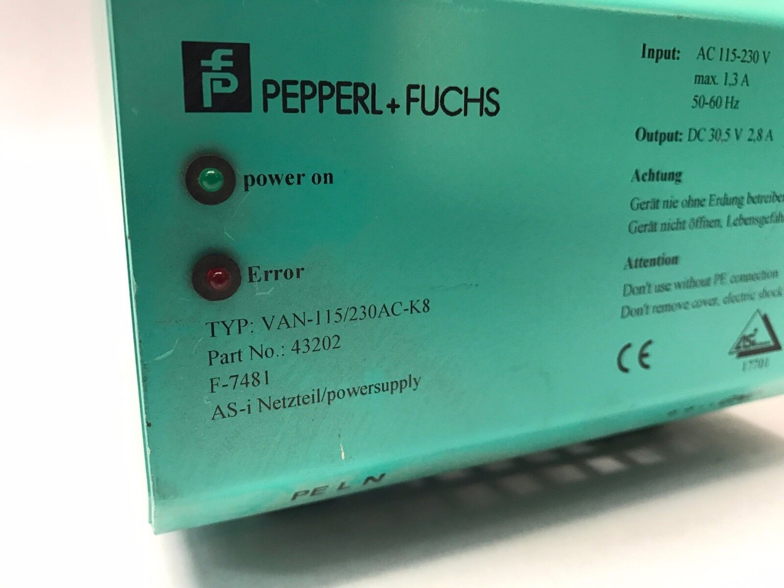 VAN-115/230AC-K8, 43202 | Pepperl + Fuchs TYP: VAN-115/230AC-K8 Power Supply Module P/N 43202 w/ term plug - Used - Maverick Industrial Sales