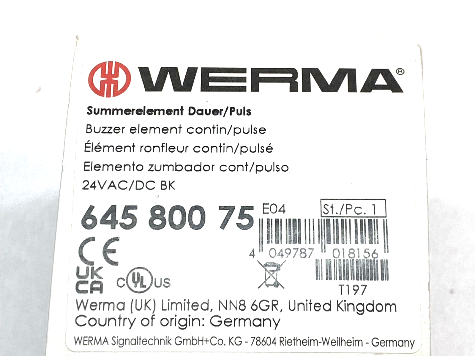 645.800.75 | WERMA Buzzer Element 24VAC/DC 85dB Stack Light - New – Open box - Maverick Industrial Sales