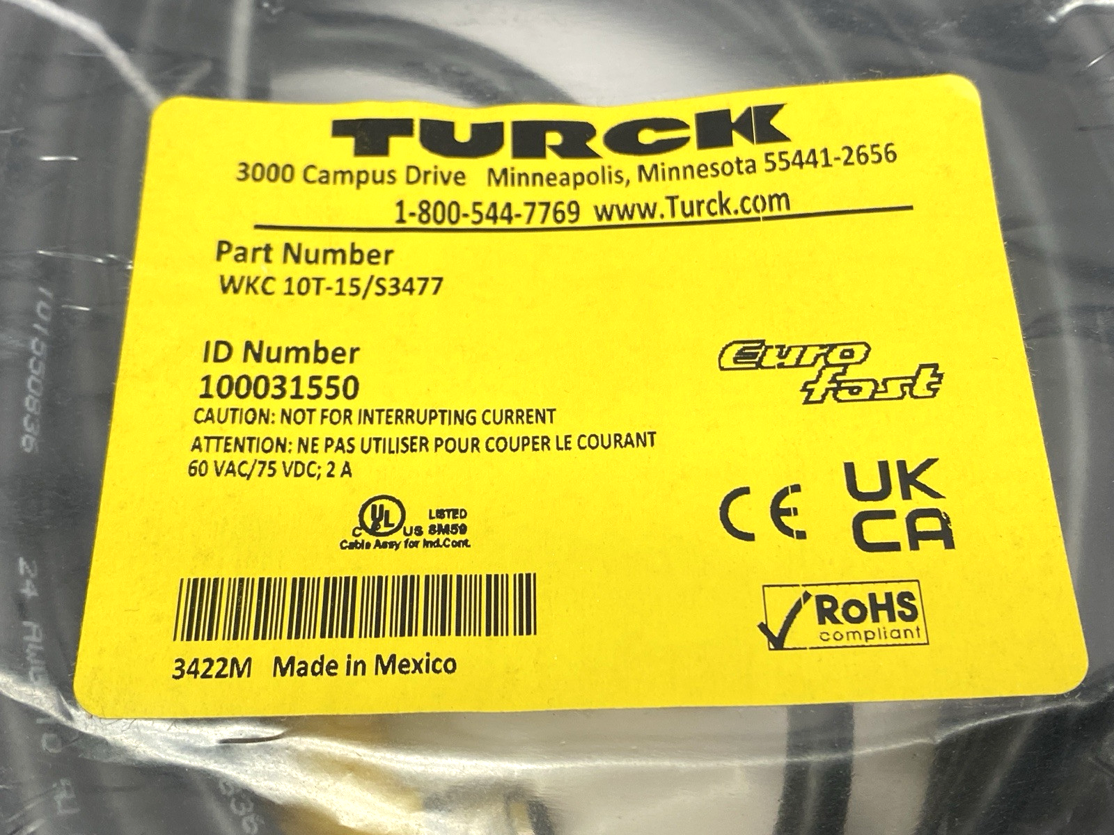 Turck WKC 10T-15/S3477 Single-Ended Cordset M12 Female Connector 100031550 - Maverick Industrial Sales