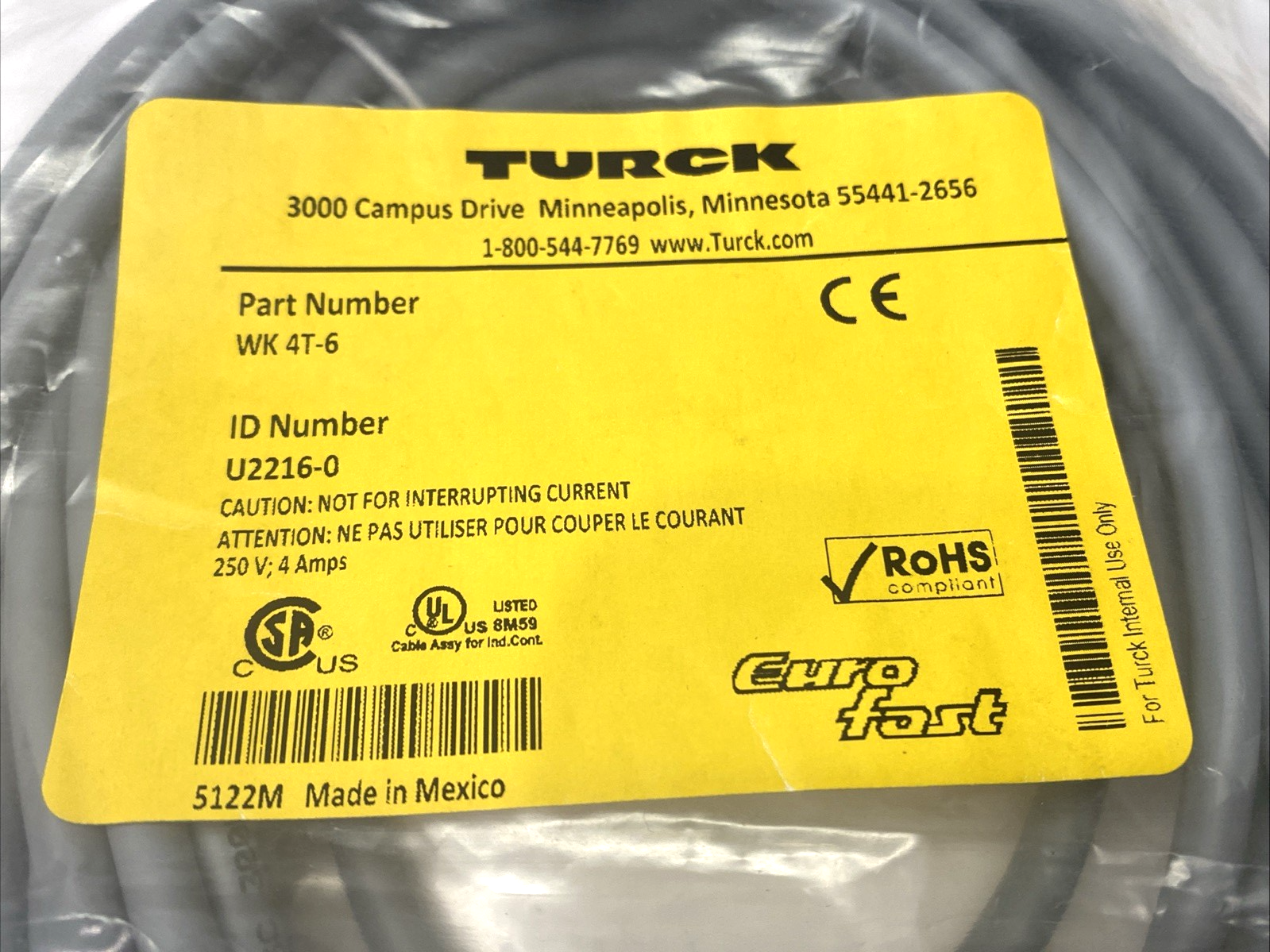 Turck WK 4T-6 Single-Ended Cordset Right-Angle Female Connector M12 U2216-0 - Maverick Industrial Sales