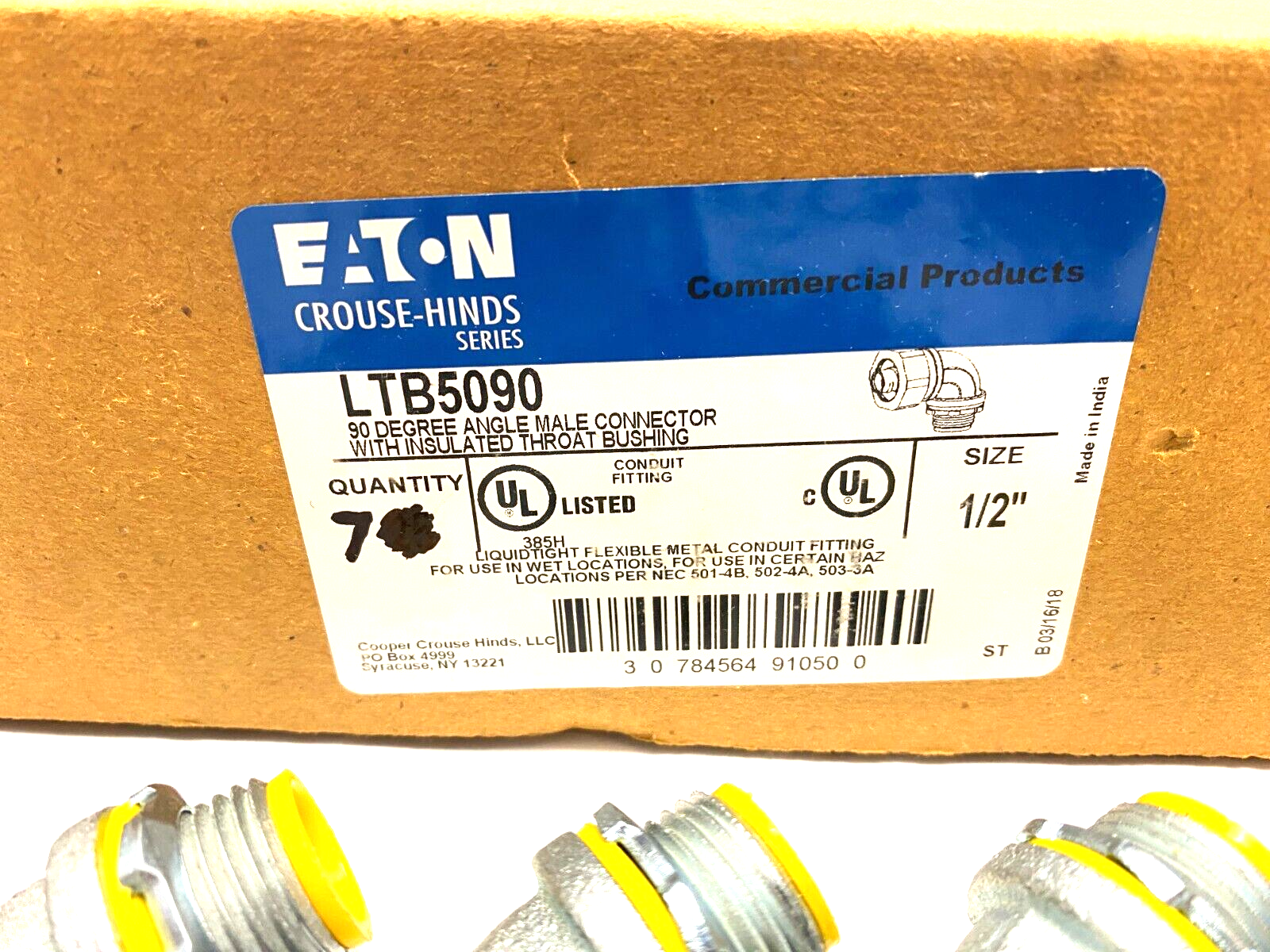 Eaton Crouse Hinds LTB5090 Insulated 90-Degree Male Connector BOX OF 7 - Maverick Industrial Sales
