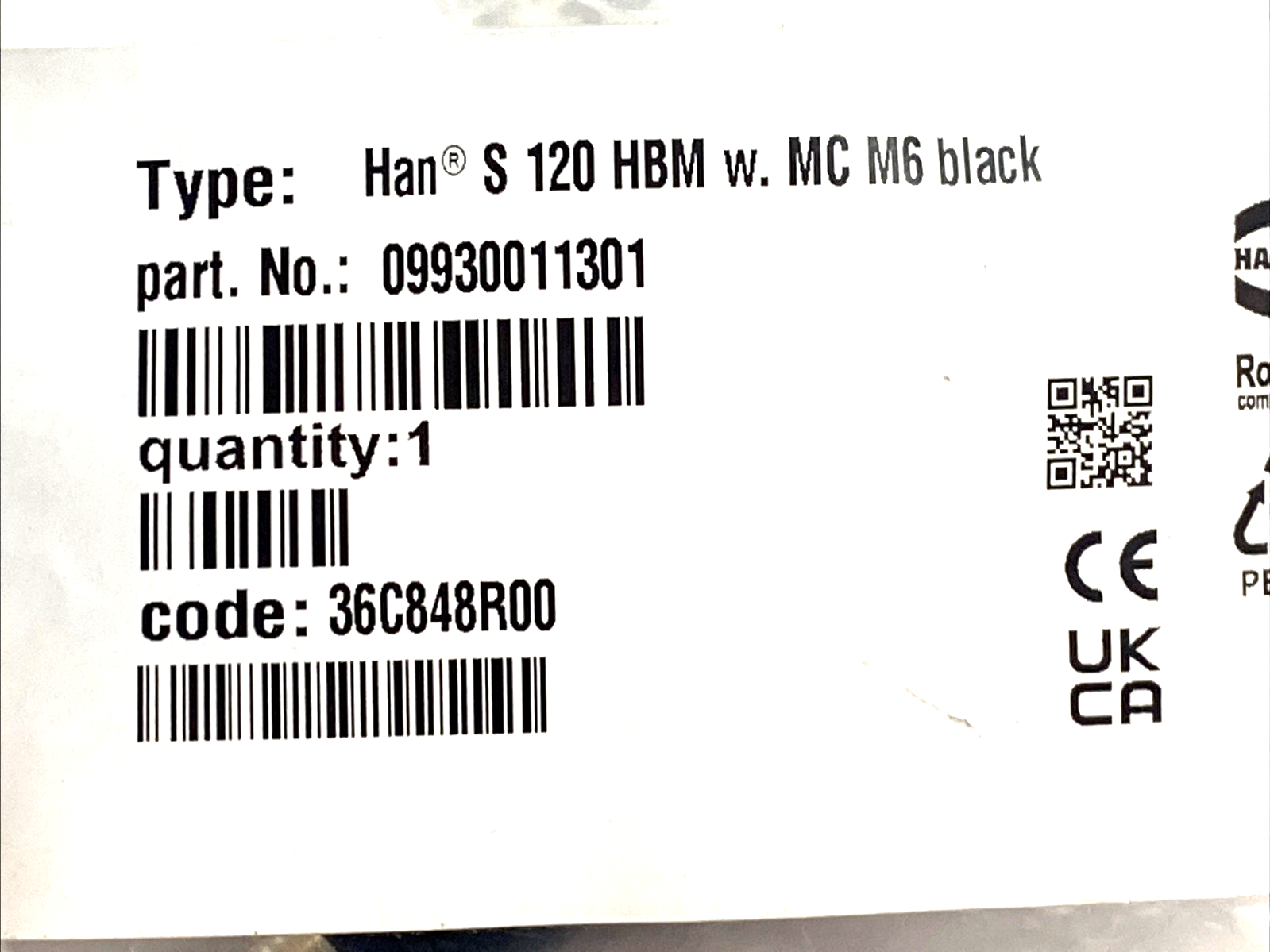 09930011301 | Harting Han S 120 Bulkhead Housing 1-Pole 120A 1500V M6 Bolt - New - Maverick Industrial Sales