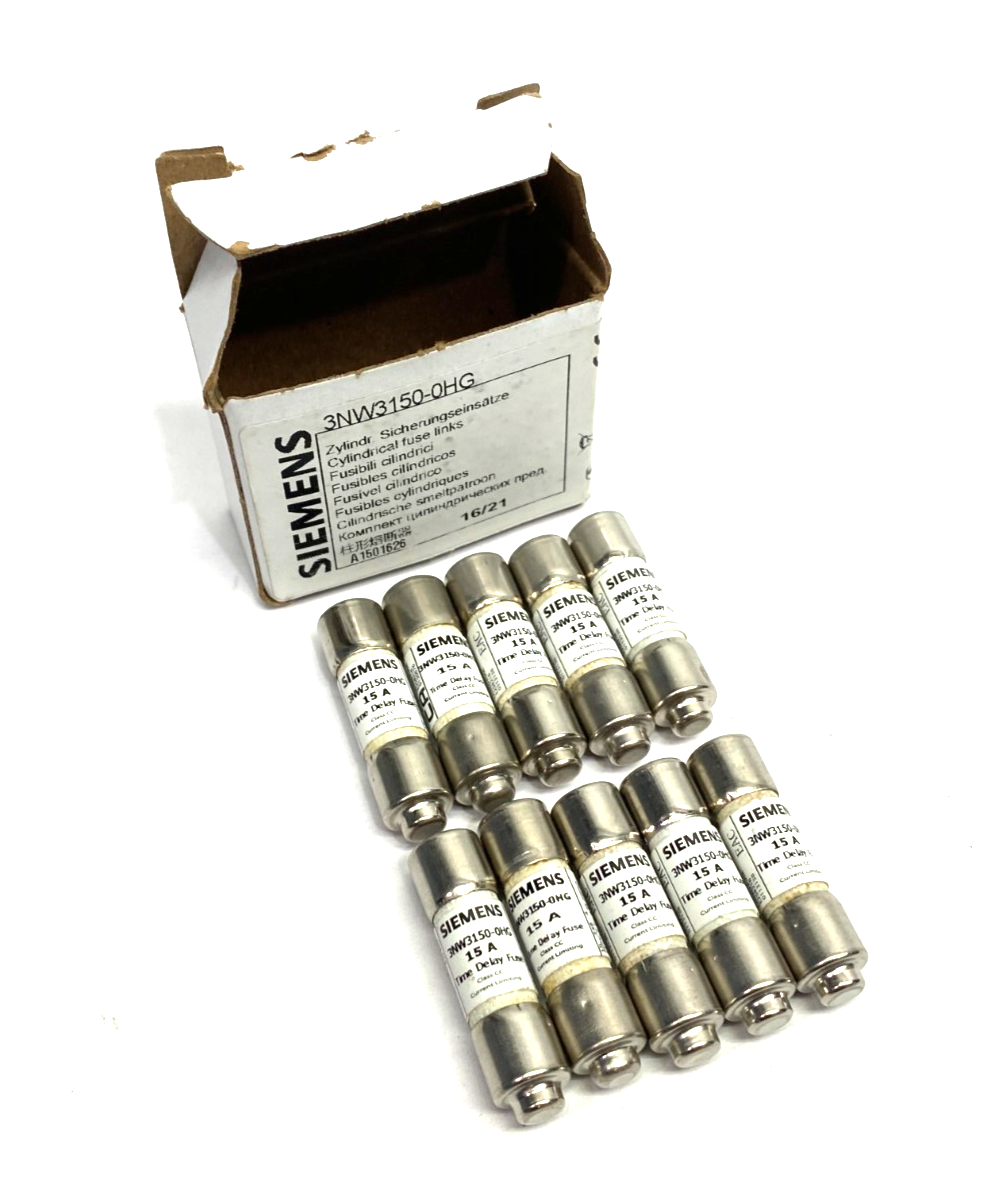 3NW3150-0HG | Siemens SENTRON Cylindrical Fuse, Slow Blow, 15A, BOX OF 10- New – Open box - Maverick Industrial Sales