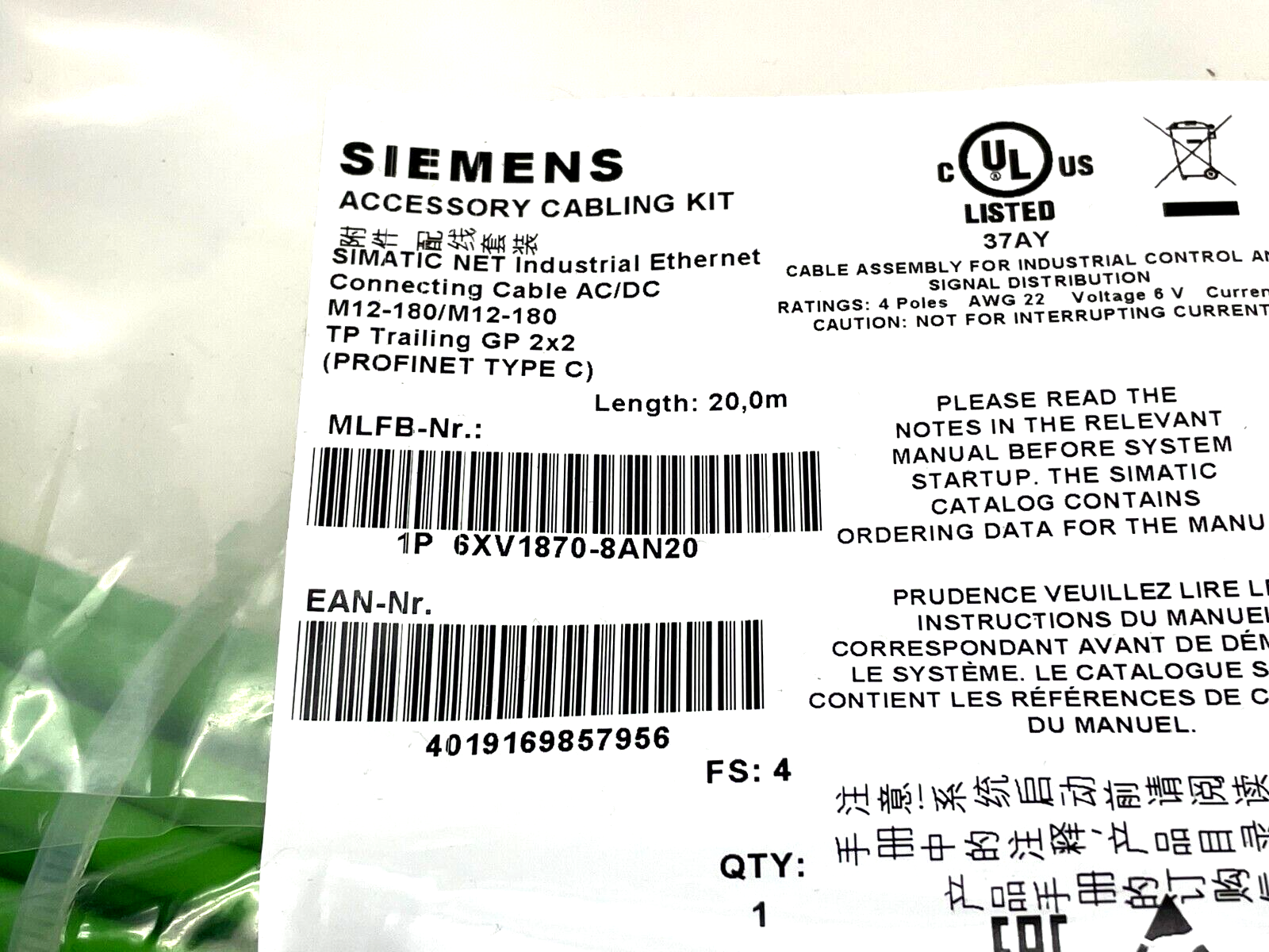 Siemens 6XV1870-8AN20 Industrial Ethernet Connecting Cable 20m Length - Maverick Industrial Sales