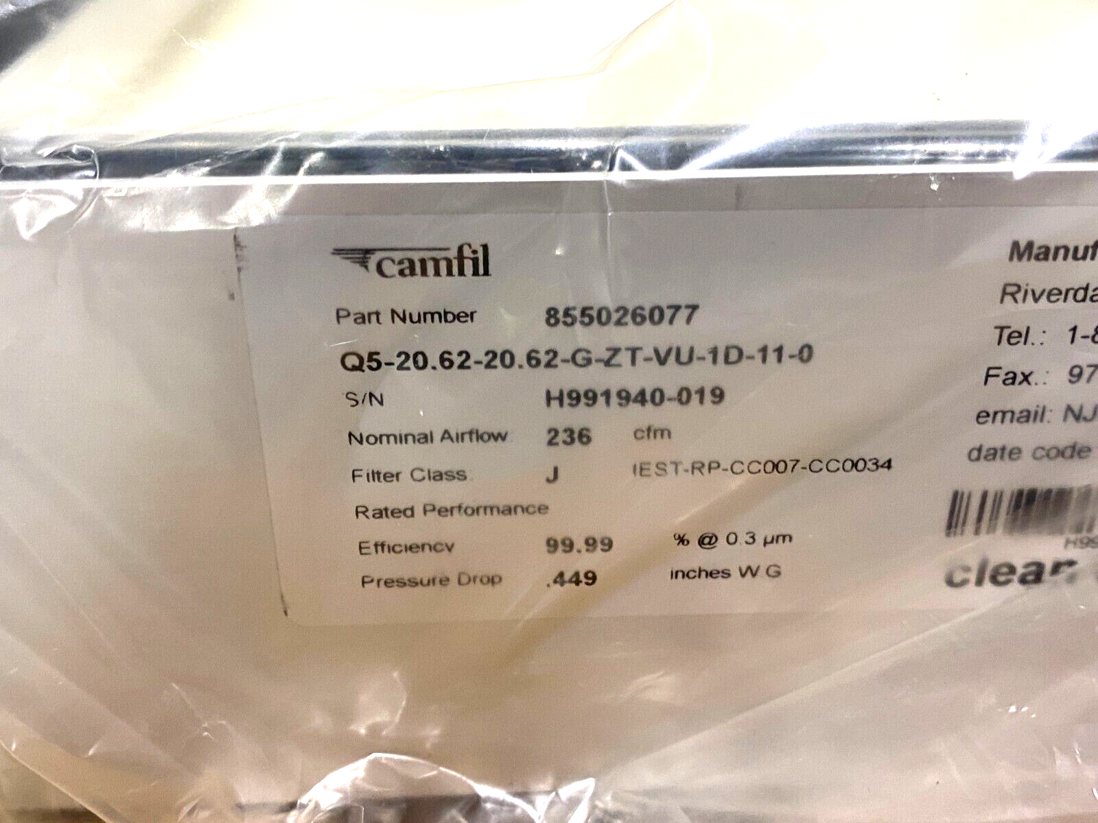 Camfil 855026077 Clean Air Solution Filter Gel-Sealed 99.99% Class J - Maverick Industrial Sales
