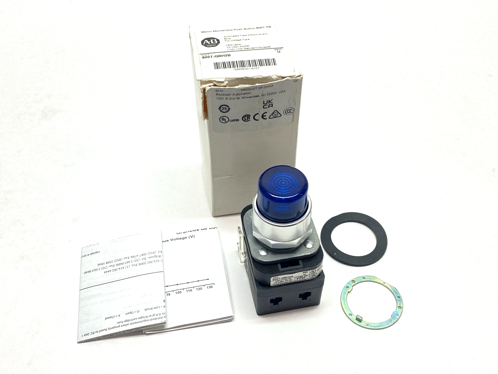 800T-QBH2B | Allen Bradley Ser U 30mm Momentary Push Button 800T PB Blue 12-130V - New – Open box - Maverick Industrial Sales