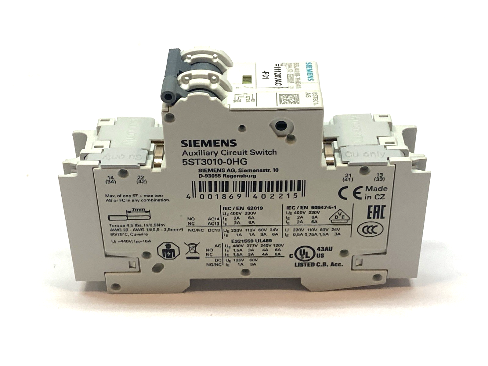 5SJ4118-7HG41,5ST3010-0HG | Siemens 5SJ4118-7HG41 Miniature Circuit Breaker w/ 5ST3010-0HG Auxiliary Switch - Used - Maverick Industrial Sales
