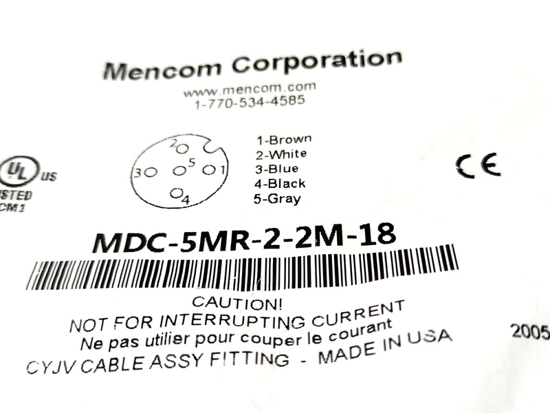 Mencom MDC-5MR-2-2M-18 1/2" NPT Front Mount M12 Male 5-Pin Receptacle 2m - Maverick Industrial Sales