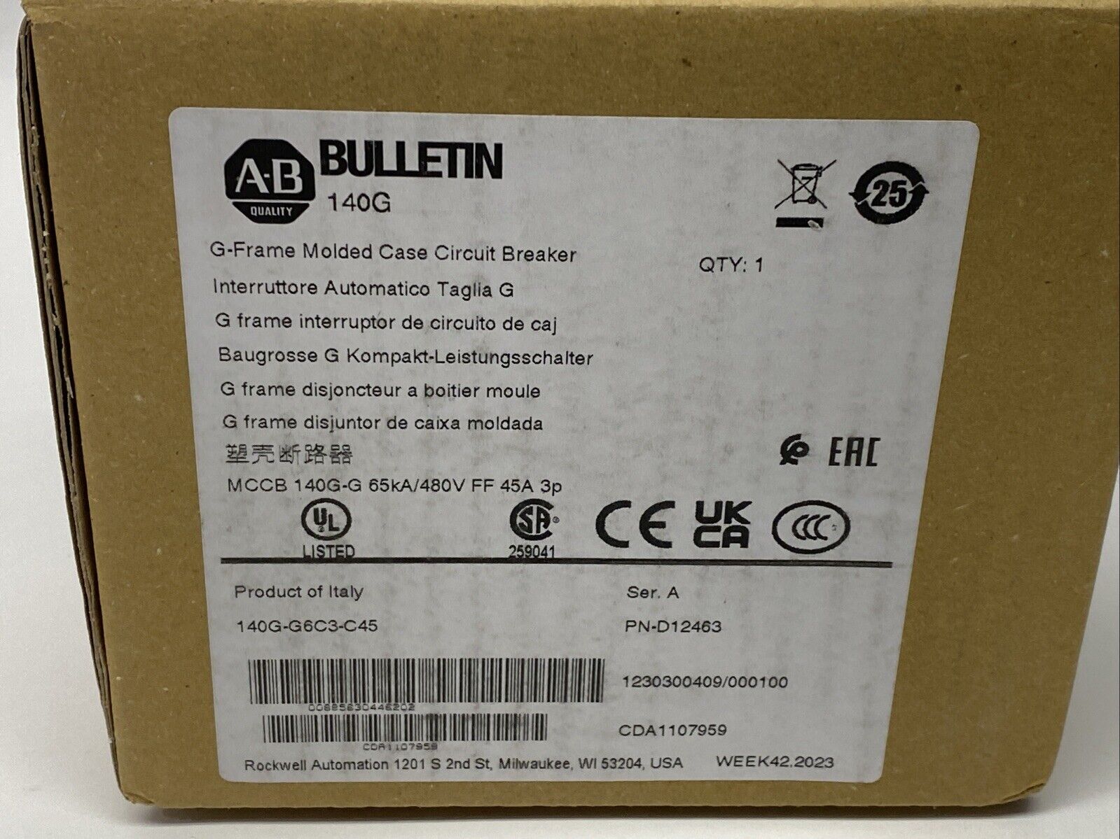 Allen Bradley 140G-G6C3-C45 Ser A 140G 45A Frame Molded Case Circuit Breaker - Maverick Industrial Sales