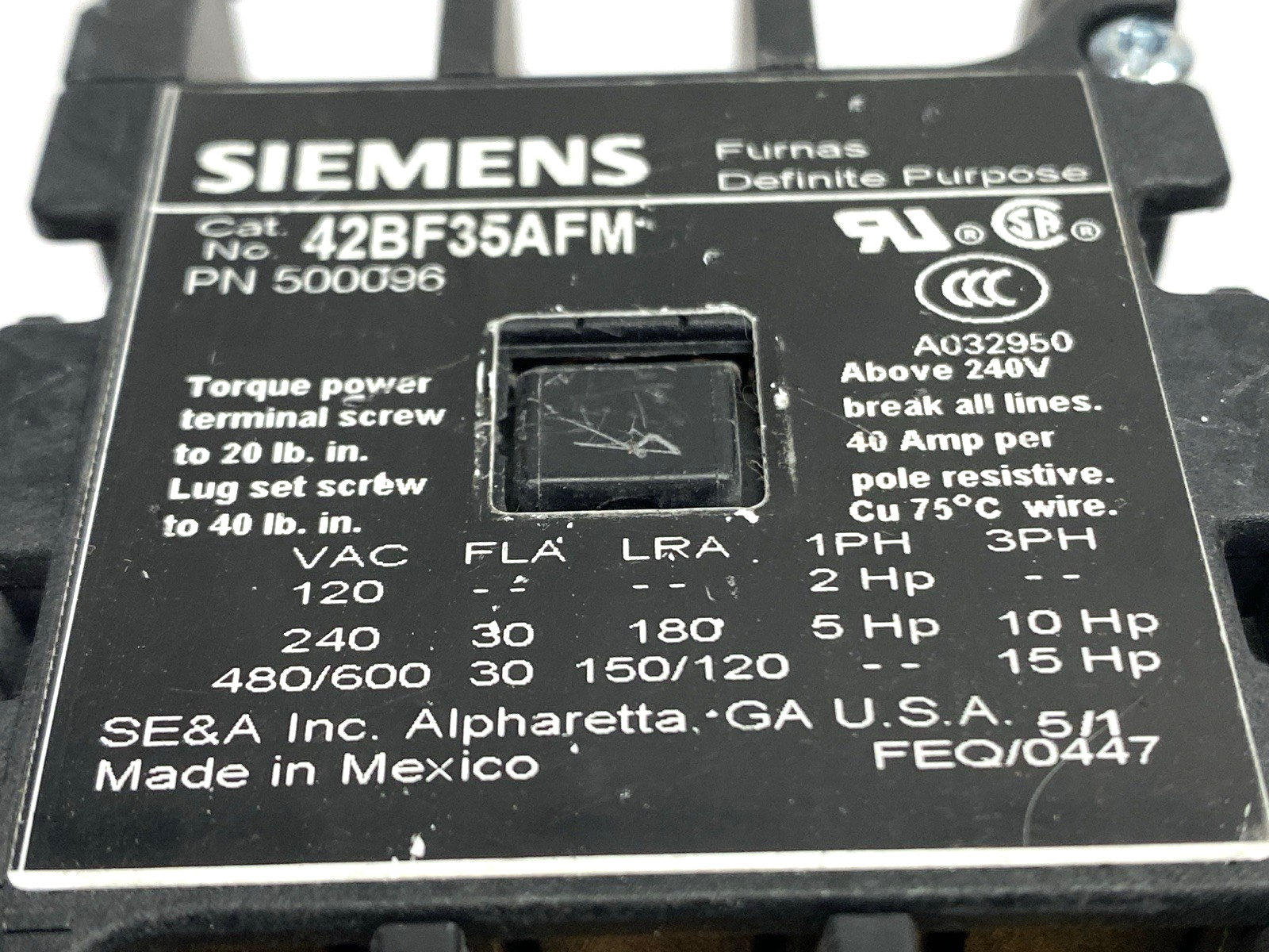 Siemens 42BF35AFM Definite Purpose Contactor 3-Pole 30A 120VAC 500096 - Maverick Industrial Sales