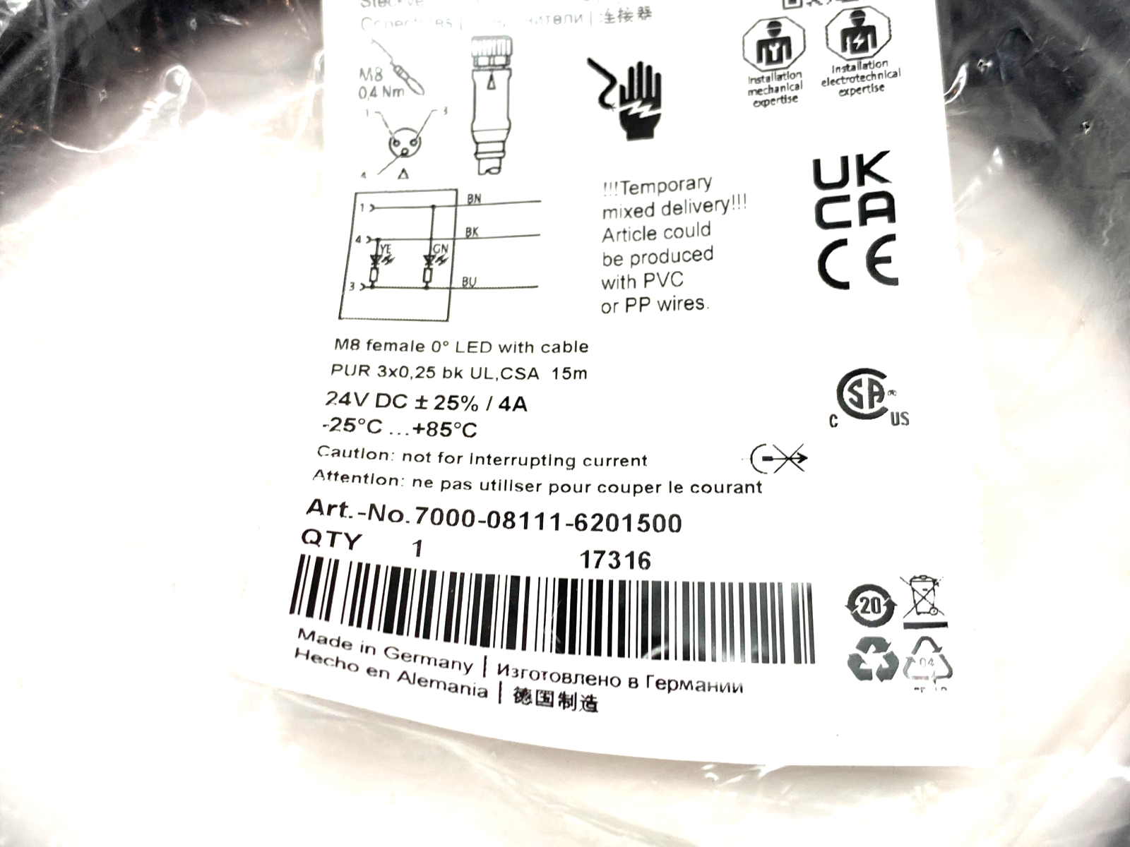 Murrelektronik 7000-08111-6201500 Single Ended M8 Female Cordset 0° A-cod 15m - Maverick Industrial Sales