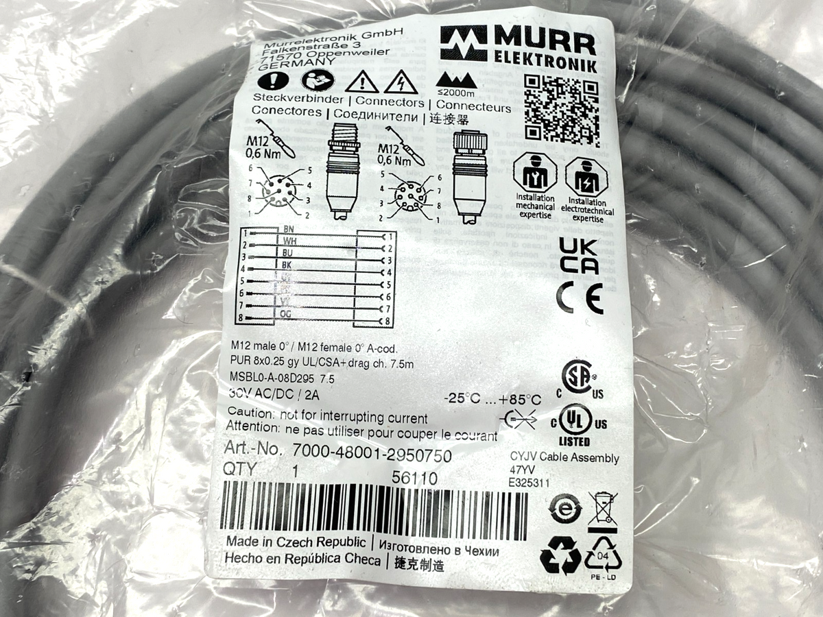 7000-48001-2950750 | Murrelektronik Double End Connector Cable M12 M/F 8-Pole 7.5m - New - Maverick Industrial Sales