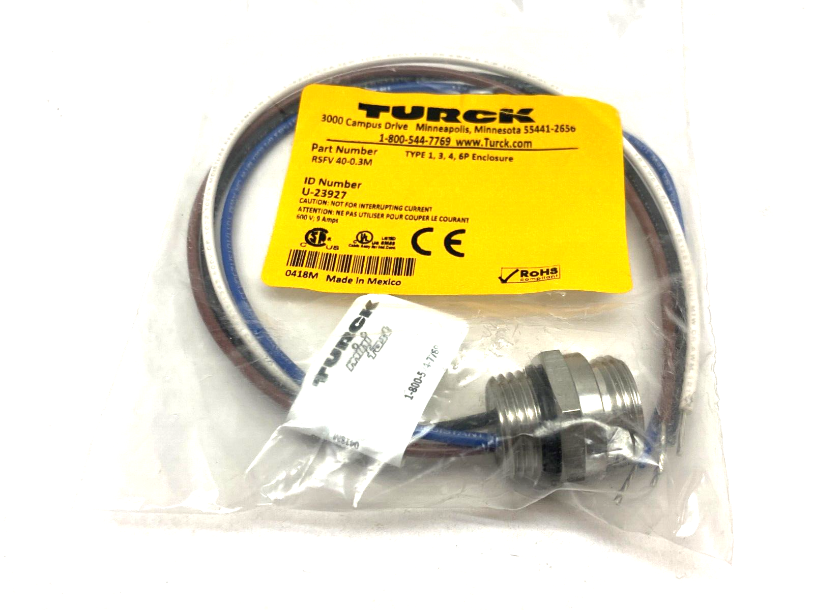Turck RSFV 40-0.3M Panel-Mount Bulkhead Connector Receptacle 7/8-16 U-23927 - Maverick Industrial Sales