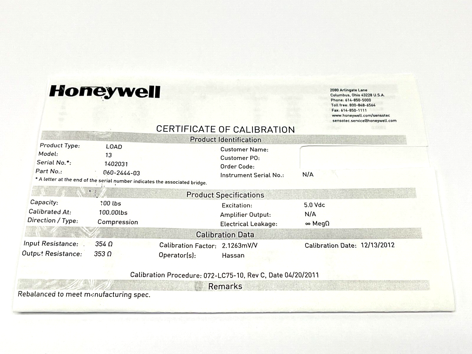 060-2444-03 | Honeywell Subminiature Load Cell 100lbs Range 5VDC - Used - Maverick Industrial Sales
