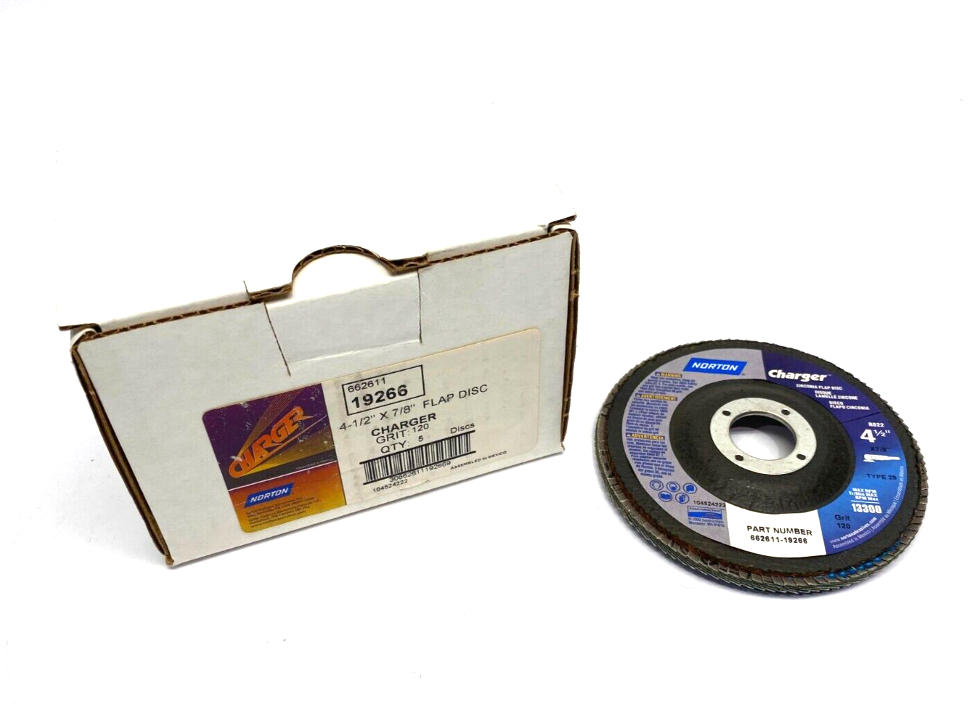 Norton Charger 662611-19266 Abrasive Flap Disc 4-1/2" x 7/8" 120 Grit BOX OF 5 - Maverick Industrial Sales