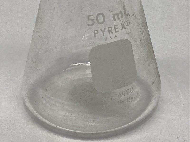 Pyrex 4980-50 50mL Narrow Mouth Erlenmeyer Flasks with Heavy Duty Rim LOT OF 4 - Maverick Industrial Sales