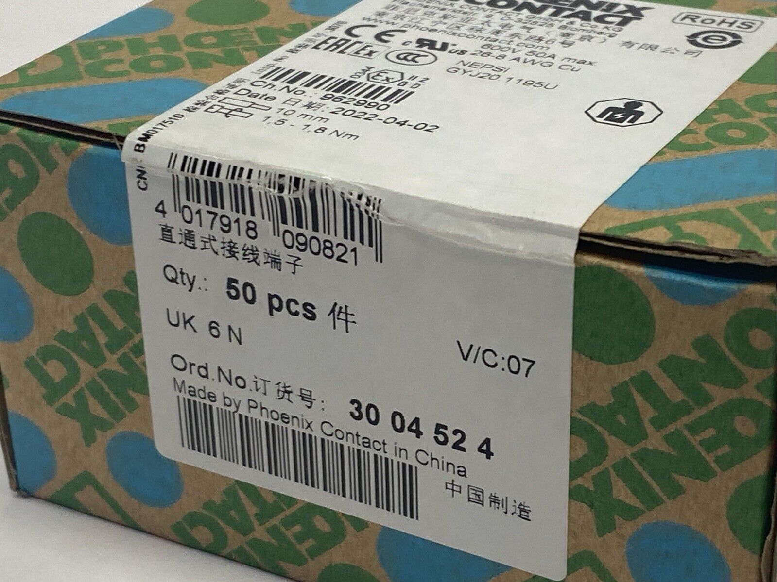 Phoenix Contact Typ UK 6 N Feed Through Terminal Block 3004524 PKG OF 50 - New - Maverick Industrial Sales