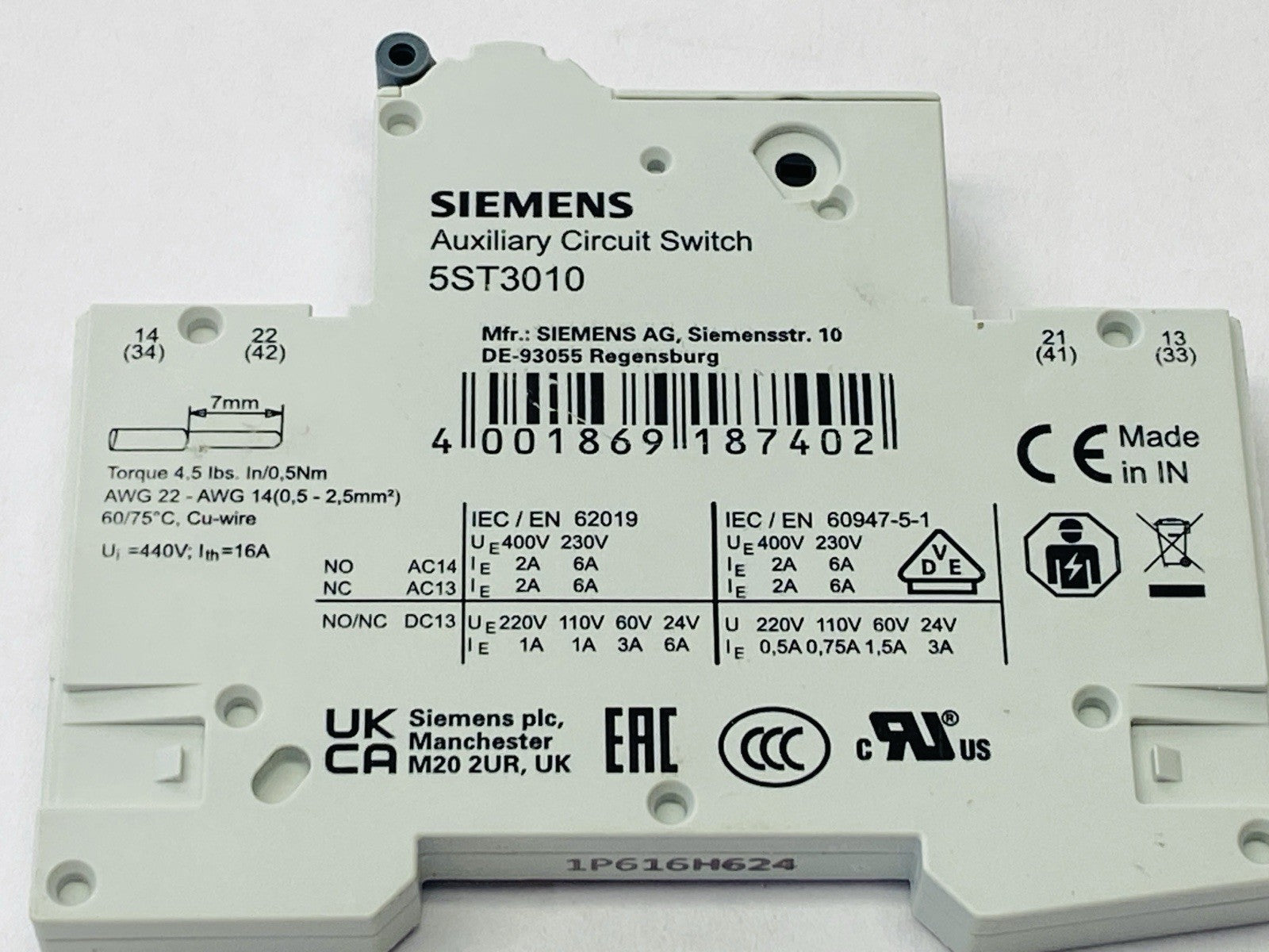 Siemens 5ST3010 Auxiliary Circuit Switch 1 NO Contact + 1 NC Contact - Maverick Industrial Sales