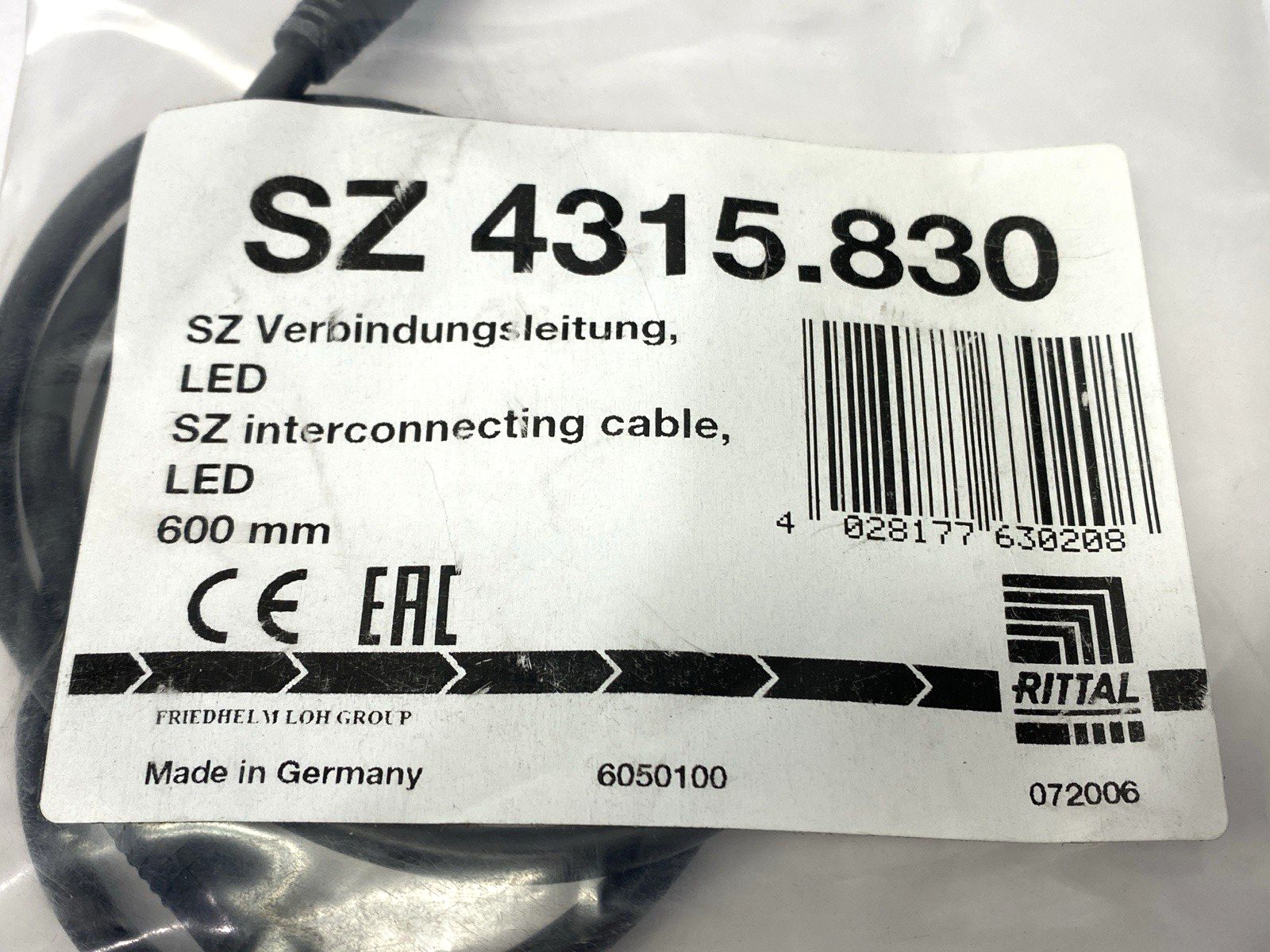 Rittal SZ 4315.830 Connection Cable for LED Compact System Light 600mm Length - Maverick Industrial Sales