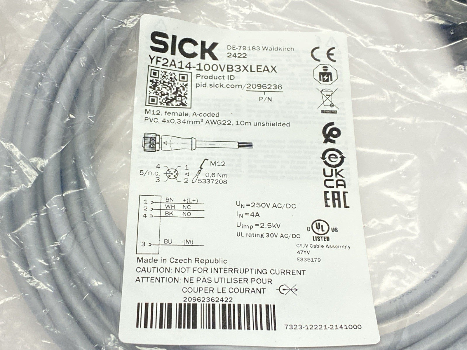 Sick YF2A14-100VB3XLEAX Sensor Actuator Cordset Female M12 4-Pin 10m 2096236 - Maverick Industrial Sales