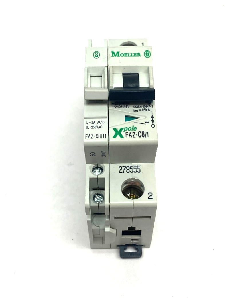 FAZ-C6/1, 278555 | Eaton Moeller 278555 Circuit Breaker FAZ-C6/1 1P Xpole/xEffect w/ FAZ-XHI11 - Used - Maverick Industrial Sales