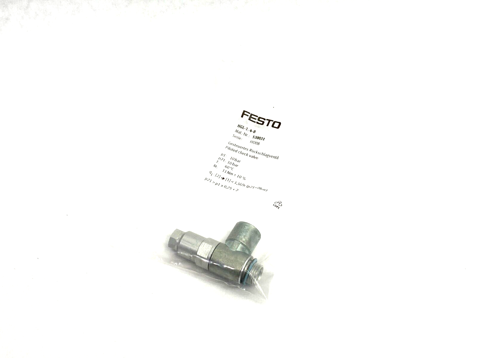 Festo HGL-1/4-B Piloted Non-Return Check Valve 530031 - Maverick Industrial Sales