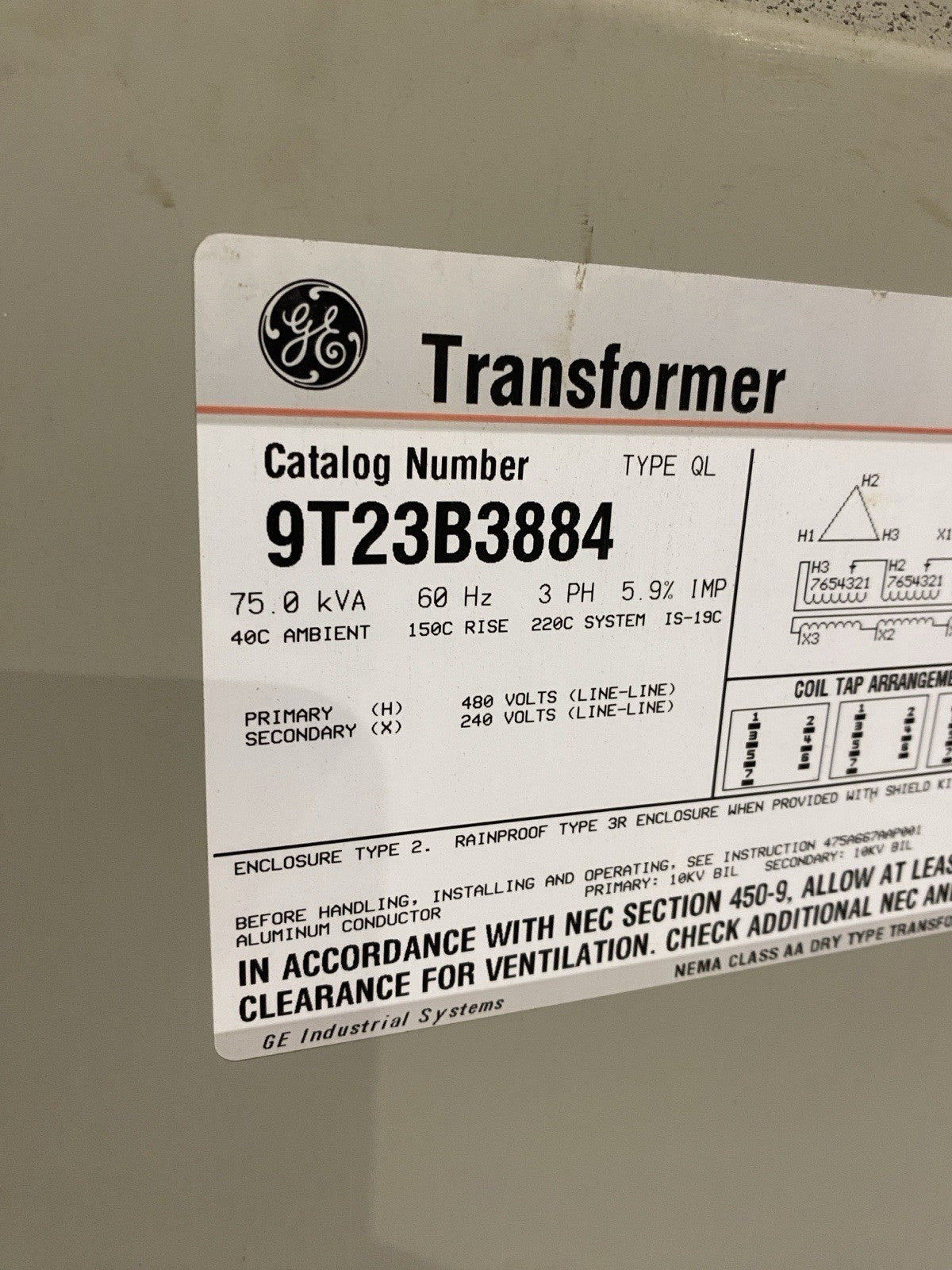 9T23B3884 | GE 75.0 kVA 60Hz 3 PH 5.9% IMP Step Down Transformer 480/240V - Used - Maverick Industrial Sales