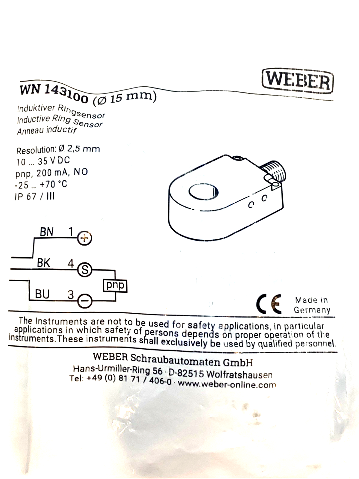 Weber WN 143100 Inductive Ring Sensor 15mm Dia. 10-35VDC - Maverick Industrial Sales