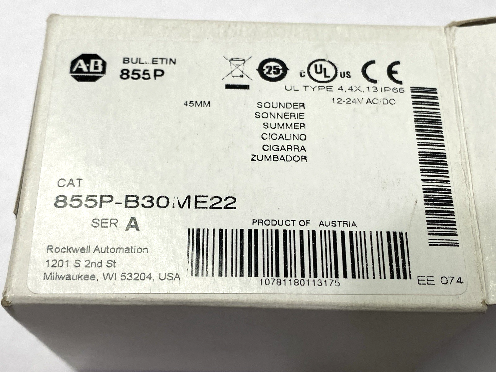 855P-B30ME22 Ser. A | Allen Bradley Panel Mount Sounder 12-24V AC/DC - New – Open box - Maverick Industrial Sales