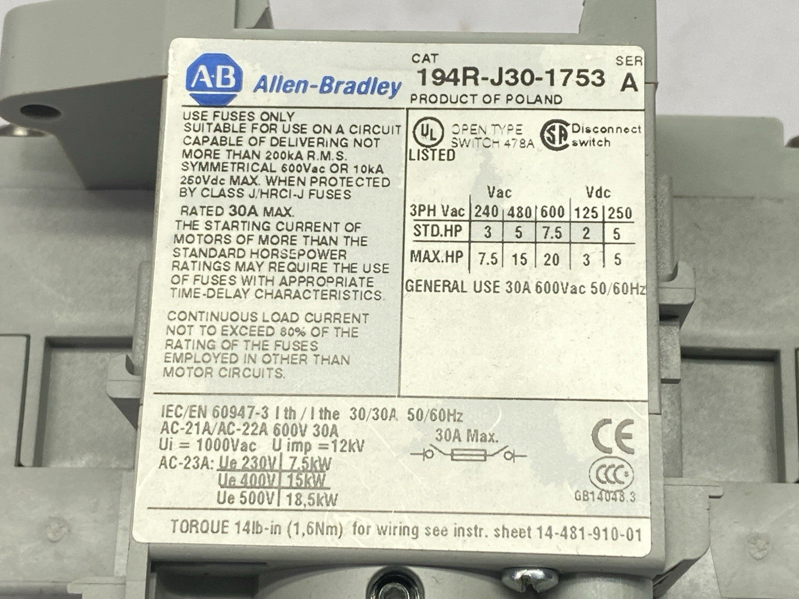 Allen Bradley 194R-J30-1753 Ser A Disconnect Switch 30A w/ 15" Extension 194R-N2 - Maverick Industrial Sales