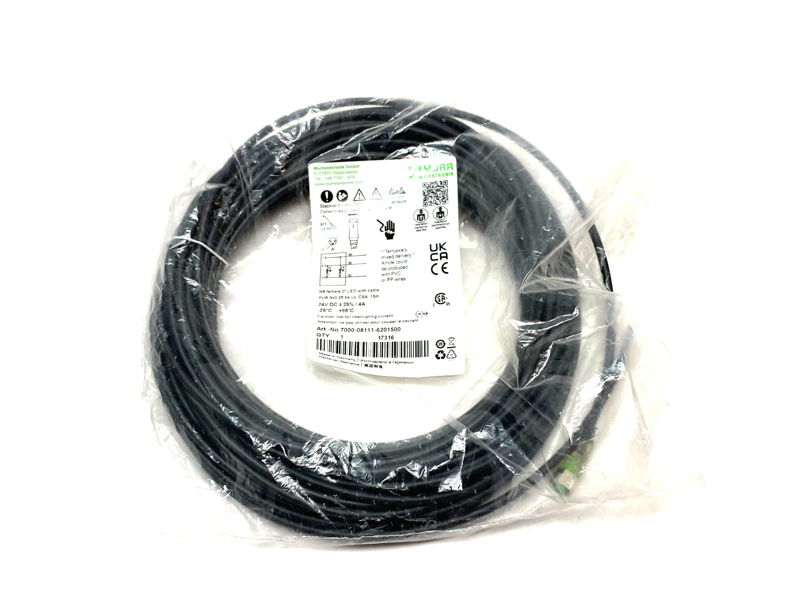 Murrelektronik 7000-08111-6201500 Single Ended M8 Female Cordset 0° A-cod 15m - Maverick Industrial Sales