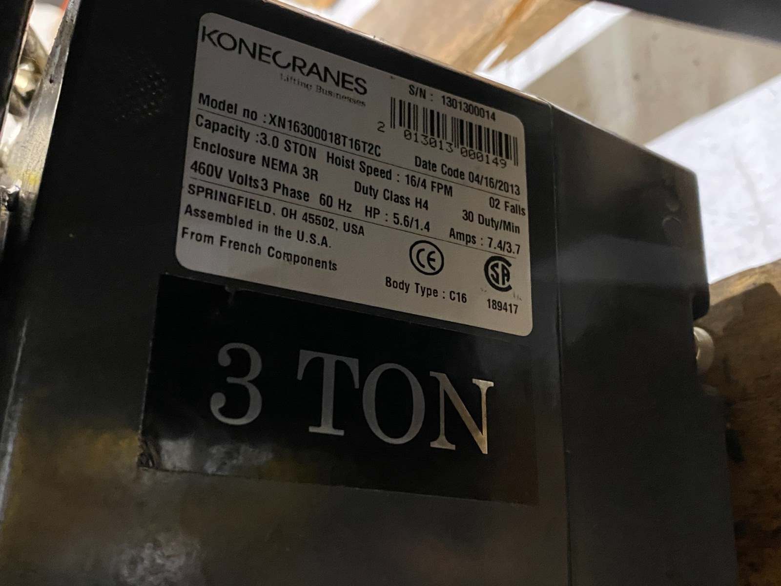 Konecranes XN16300018T16T2C Electric Chain Hoist 3-Ton Capacity 2-Falls 3-Phase - Maverick Industrial Sales