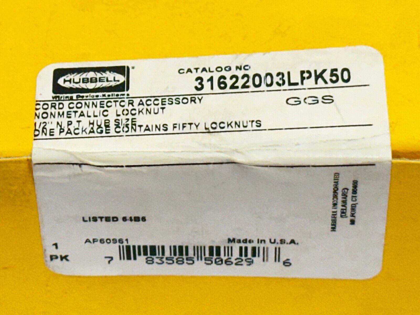 Hubbell 31622003LPK50 Non-Metallic Locknut 1/2" NPT PKG OF 50 - Maverick Industrial Sales