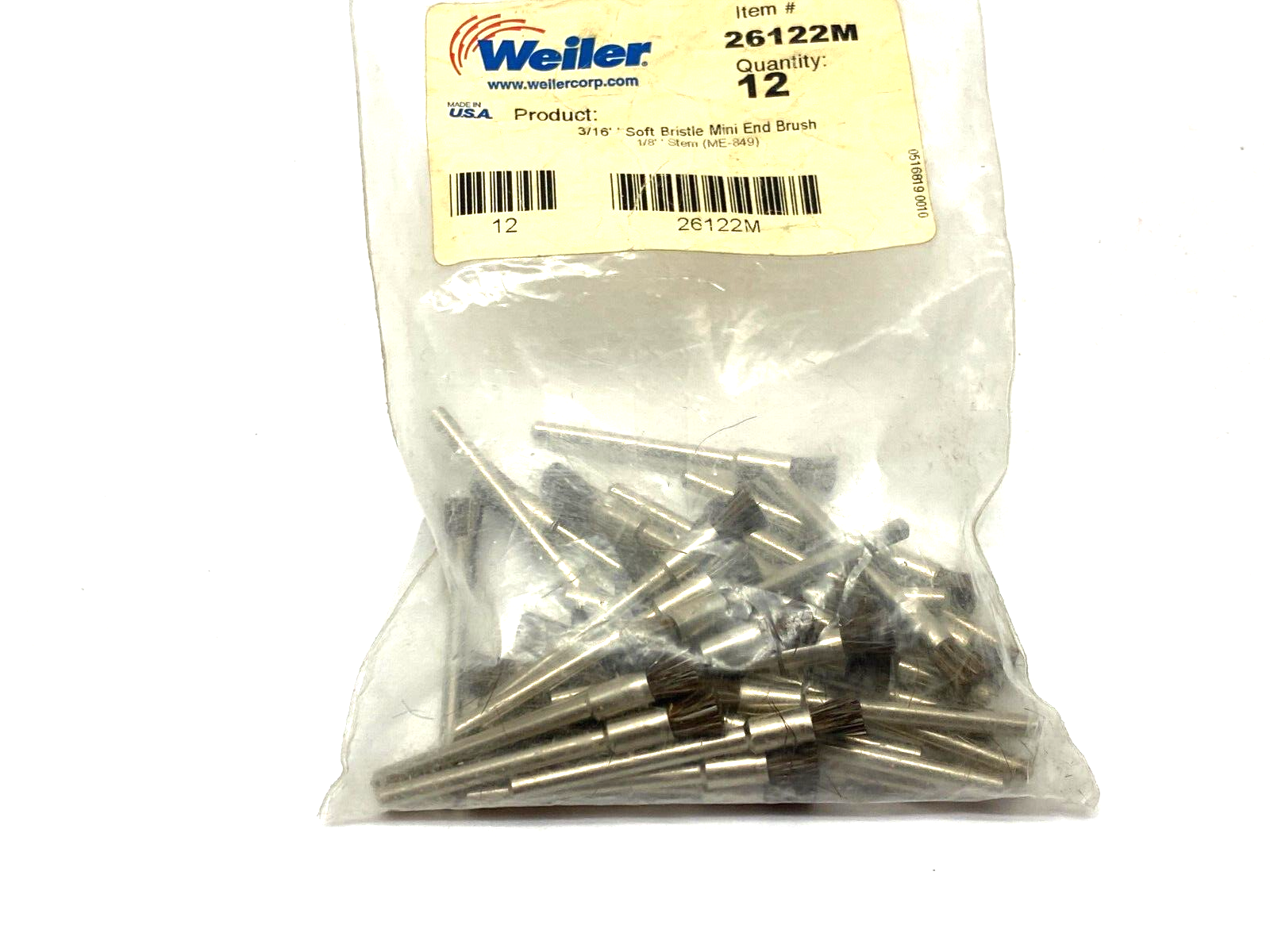Weiler 26122 3/16" Miniature End Brush Soft Hair Fill 1/8" Stem PKG OF 40 - Maverick Industrial Sales