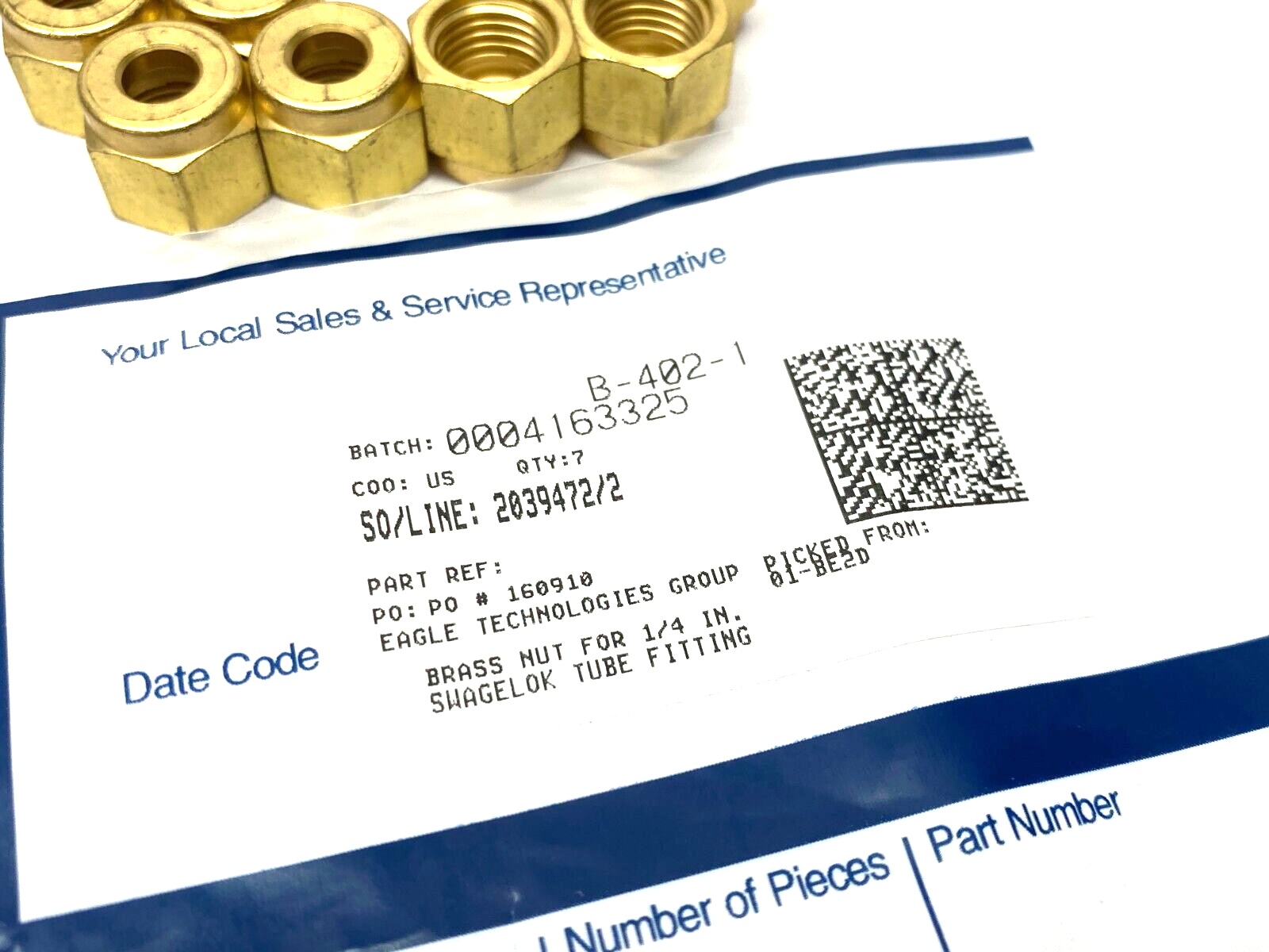 Swagelok B-402-1 Brass Nut for 1/4" Tube Fitting PKG OF 8 - Maverick Industrial Sales
