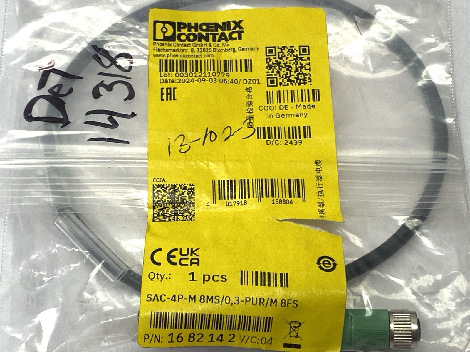 Phoenix Contact SAC-4P-M 8MS/0,3-PUR 8FS Double-Ended Sensor Cordset 1682142 - Maverick Industrial Sales