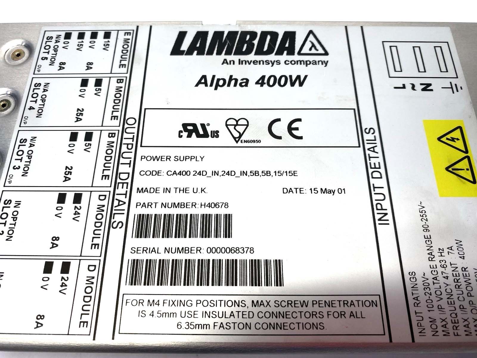 TDK Lambda H40678 Alpha 400W Power Supply CA400 24D_IN,24D_IN,5B,5B,15/15E - Maverick Industrial Sales
