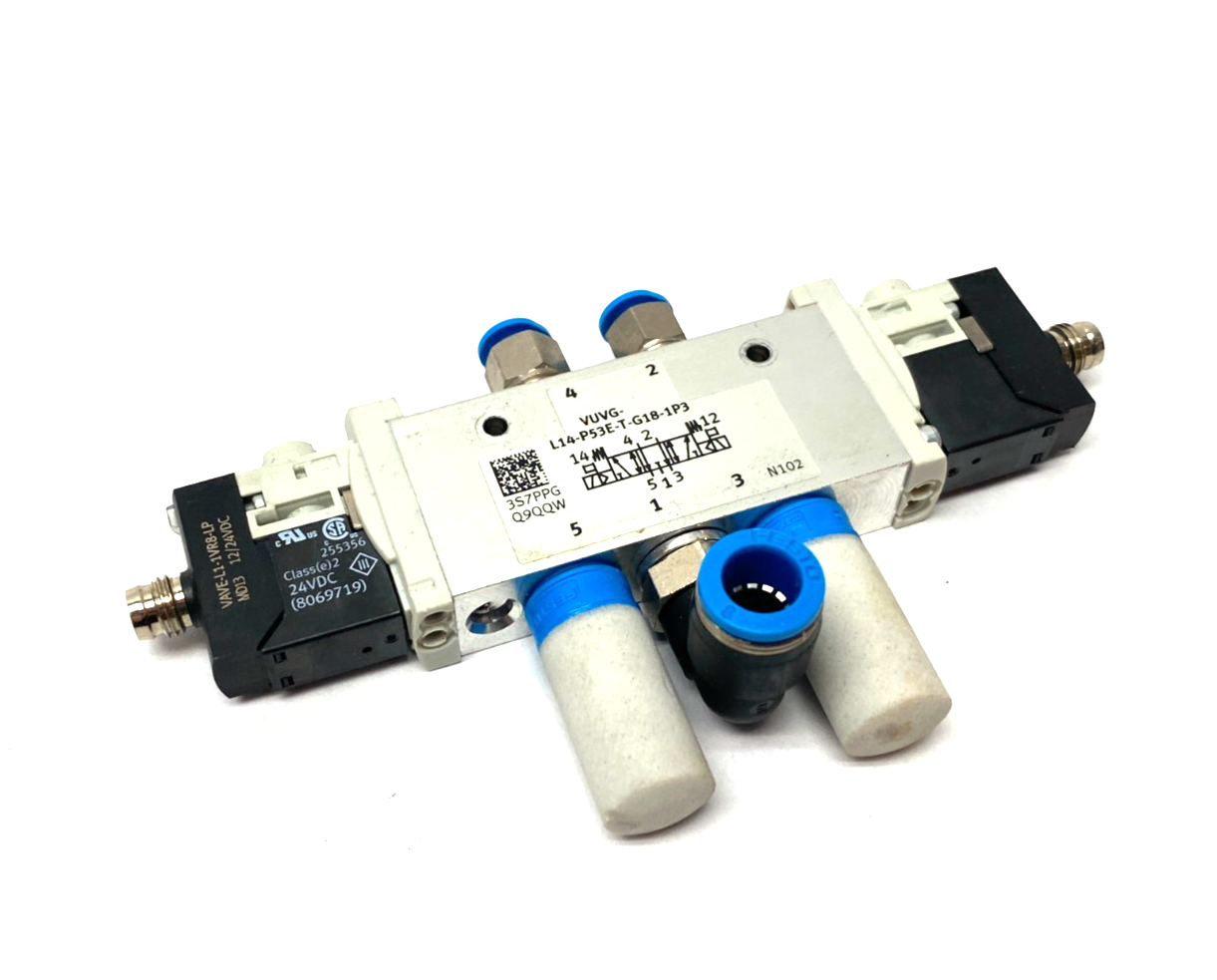 Festo VUVG-L14-P53E-T-G18-1P3 Solenoid Valve 566502 w/ VAVE-L1-1VR8-LP Sub-Bases - Maverick Industrial Sales