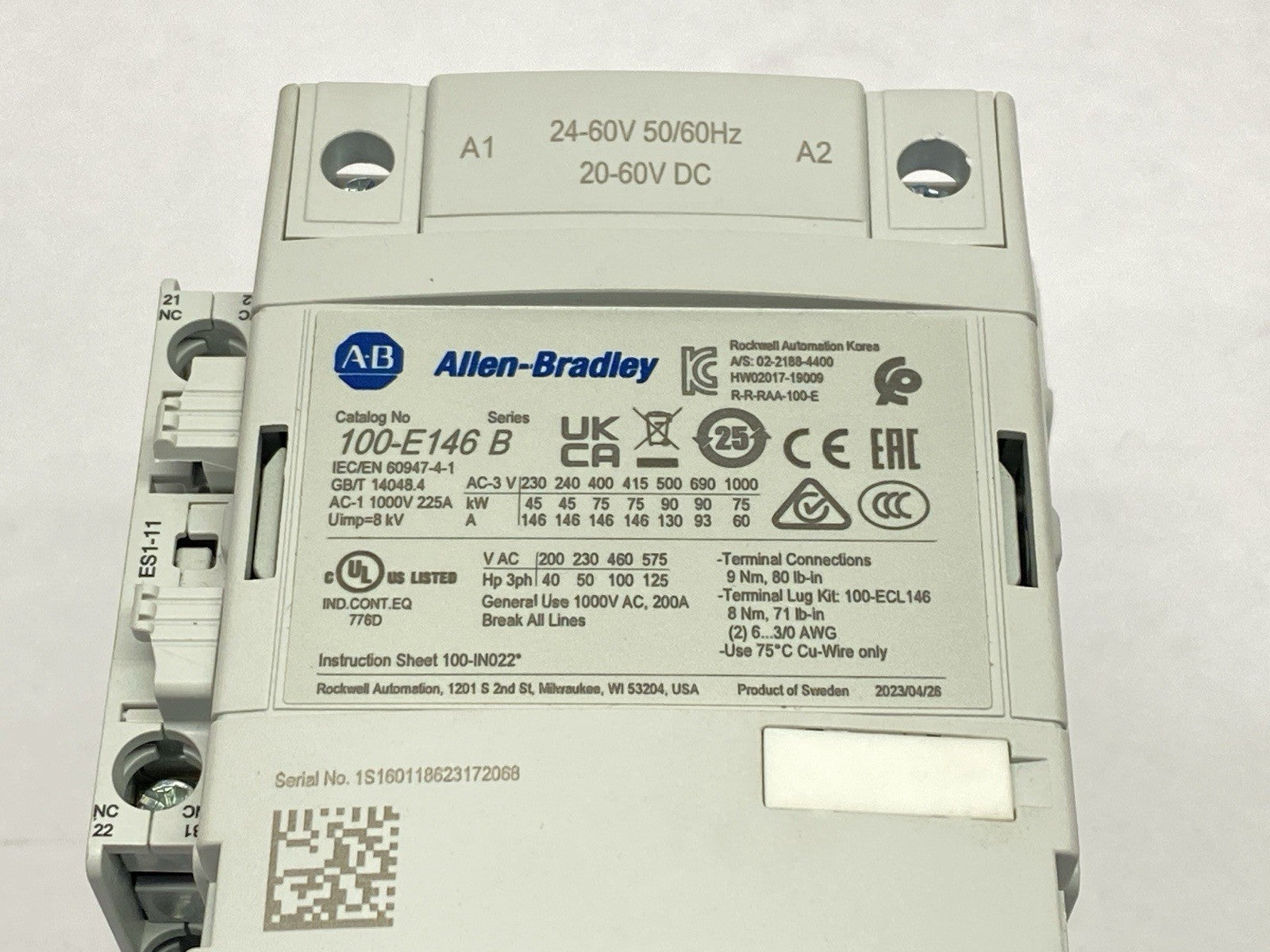 100-E146KJ11 | Allen Bradley IEC Contactor 3-Phase 146A 24-60VAC 20-60VDC - New – Open Box - Maverick Industrial Sales