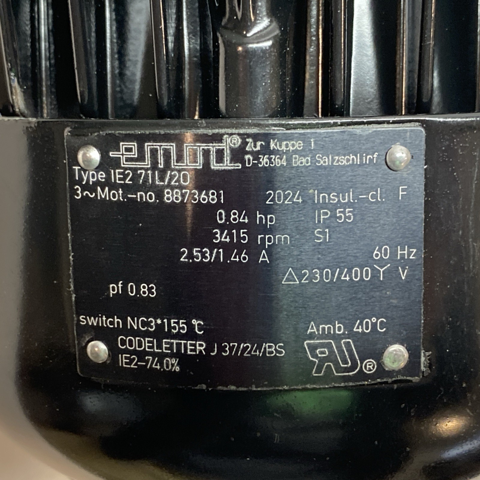 Emod 8873681 Motor Type IE2 71L/2O, 0.84 HP, 3415 RPM, 2.53/1.46A, 230/400V - New – Open box - Maverick Industrial Sales