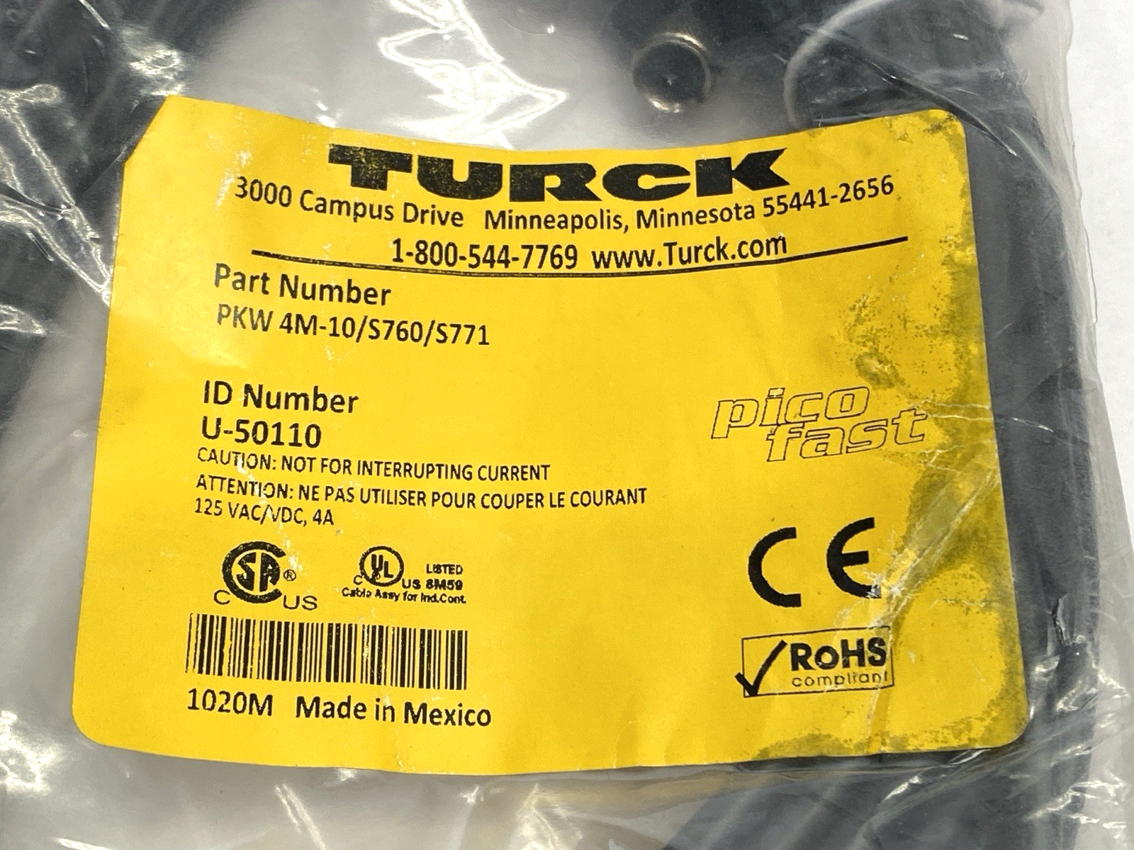 PKW 4M-10/S760/S771 | Turck Picofast Single End Connector Cable F 4-Pin M8 U-50110 - New - Maverick Industrial Sales