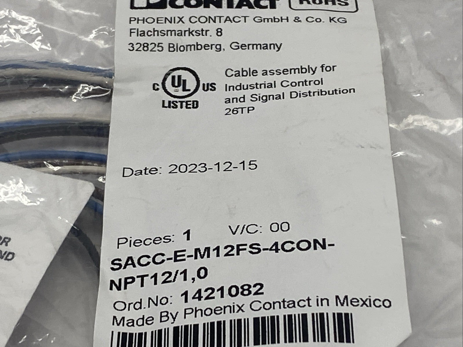 Phoenix Contact SACC-E-M12FS-4CON-NPT12/1,0 Panel Feed Through M12 1421082 - Maverick Industrial Sales