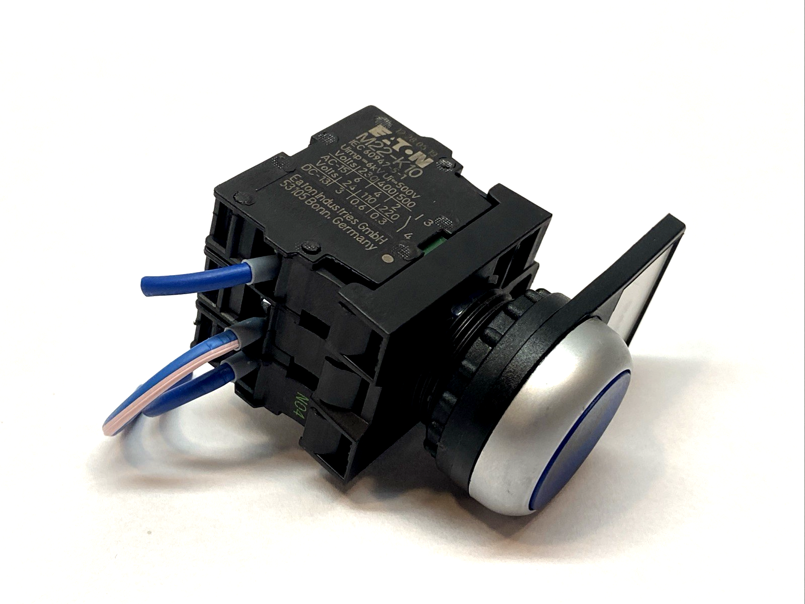 M22-DL-B-GB14-K10-230B | Eaton Pushbutton 22.5mm Blue LED 230V 1NO w/ x3 M22-K10 - Used - Maverick Industrial Sales
