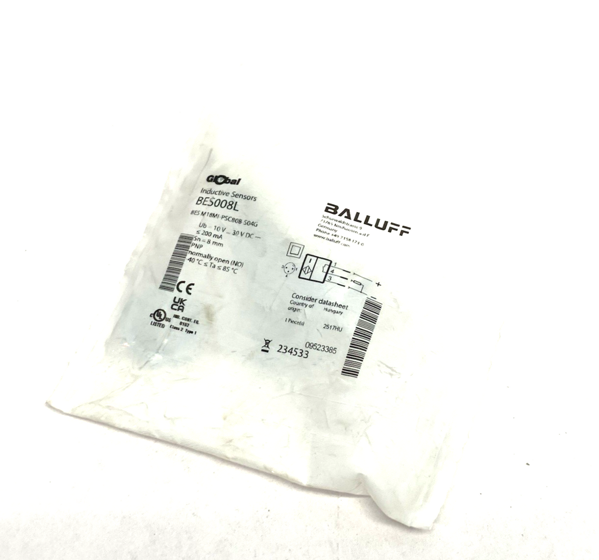 Balluff BES008L Inductive Proximity Sensor, Flush Mount, BES M18MI-PSC80B-S04G - Maverick Industrial Sales