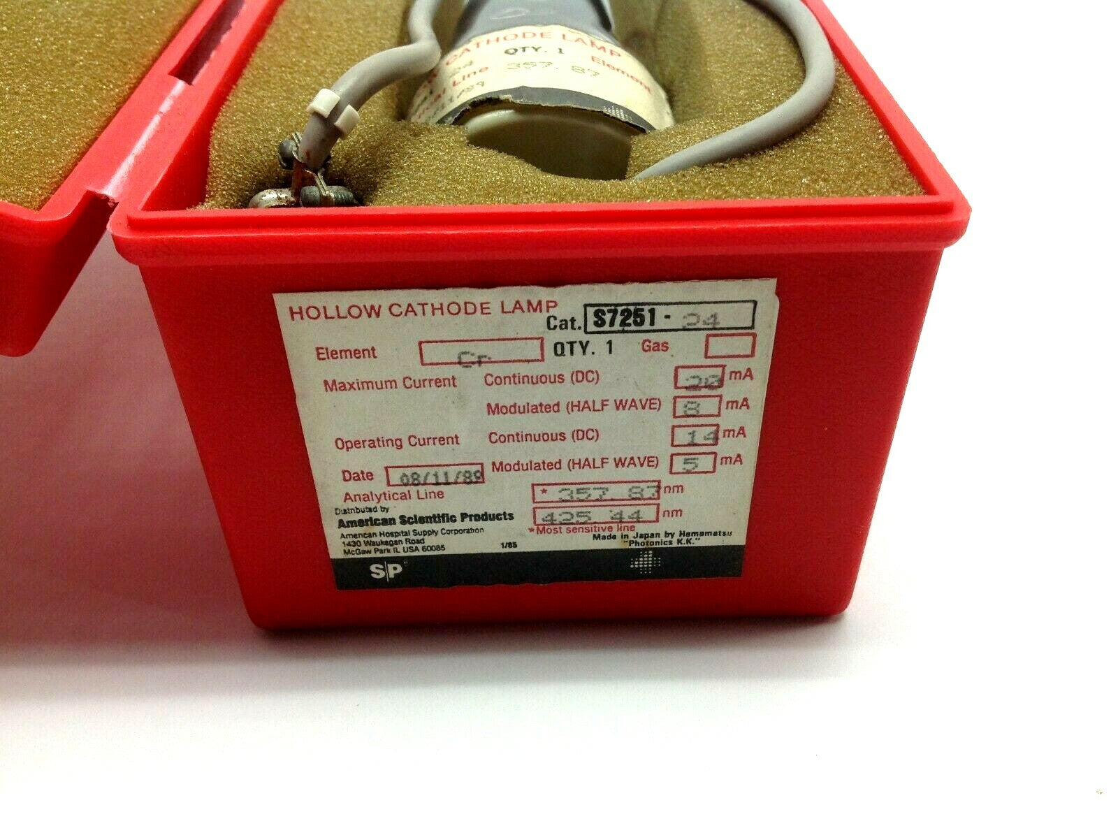 S7251 24 | Hamamtsu Chromium Cr Element Hollow Cathode Lamp Bulb 20mA Max - Used - Maverick Industrial Sales