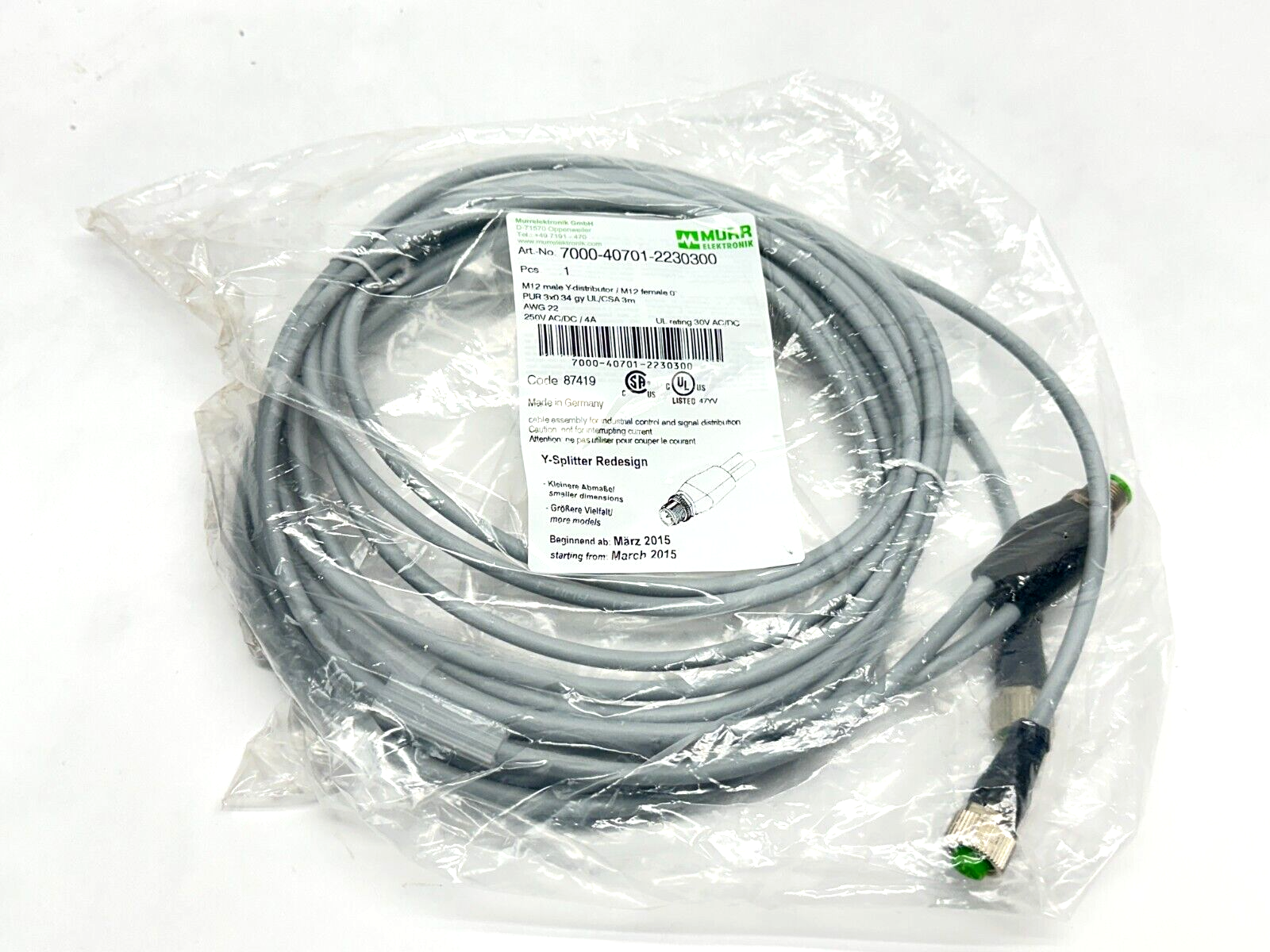 Murr Elektronik 7000-40701-2230300 Y-Distributor M12 M 4-Pin - M12 F 5-Pin 3m - Maverick Industrial Sales