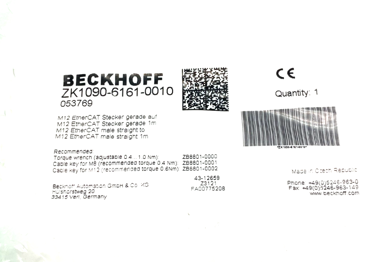 Beckhoff ZK1090-6161-0010 Double Ended EtherCAT Power Cable 1m 053769 - Maverick Industrial Sales